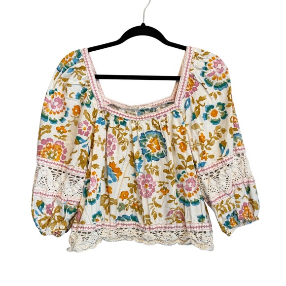 Christian Siriano Tops - Christian Siriano New York Floral Linen Blend Crochet Lace Puff Sleeve Blouse L